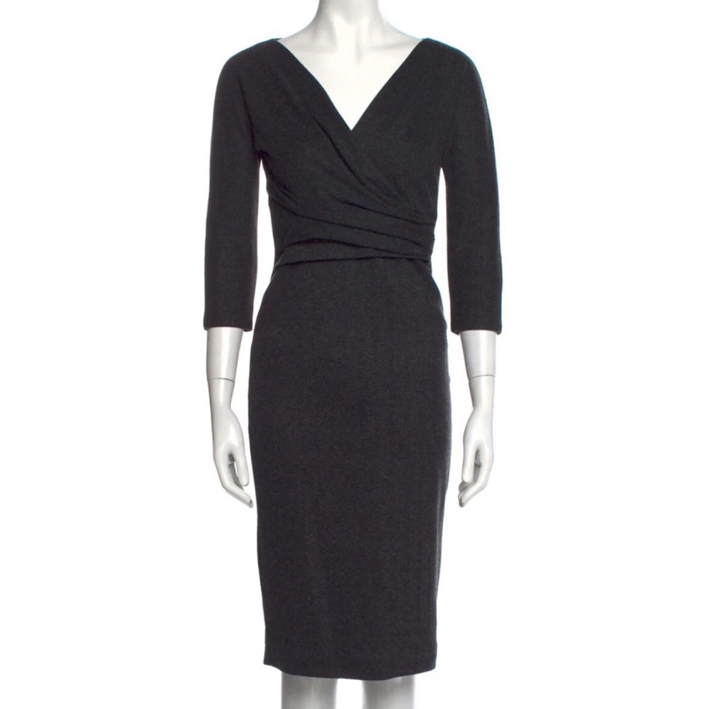 Weekend Max Mara Grey Herringbone Draped Front Fitted Midi Sheath Dress